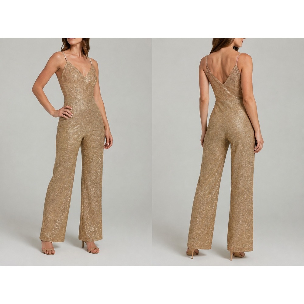 Top 10 USA Womens M Gold Metallic Glitter Jumpsuit Spaghetti Strap Wide Leg...